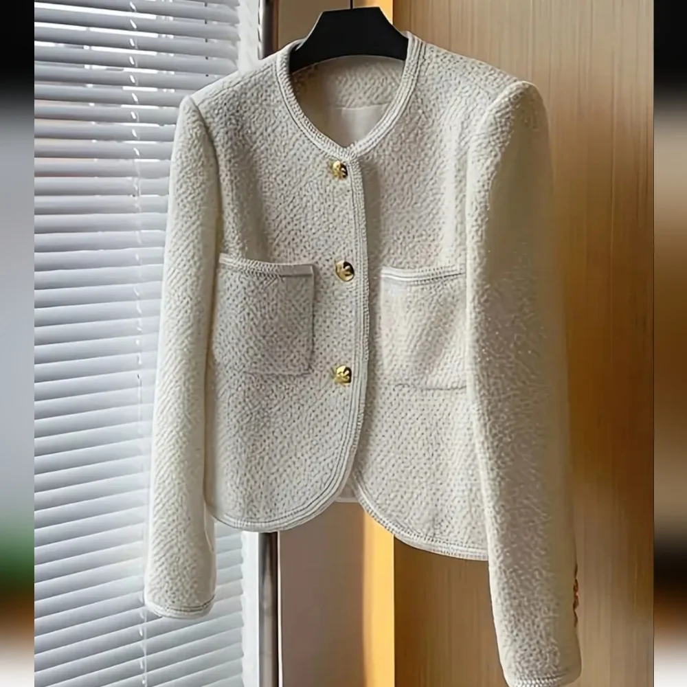 Elegant Beige Women's Blazer Jacket - Button-Front Coat, Structured Non-Stretch - Picture 5 of 5
